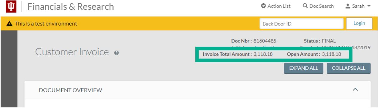 Customer invoice showing invoice total amount and open amount