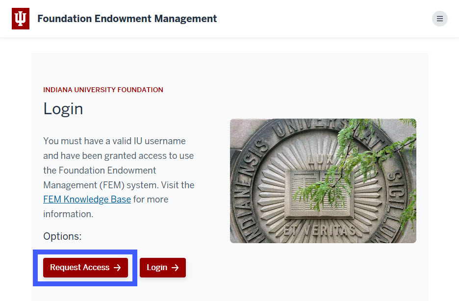 FEM homepage highlighting request access button