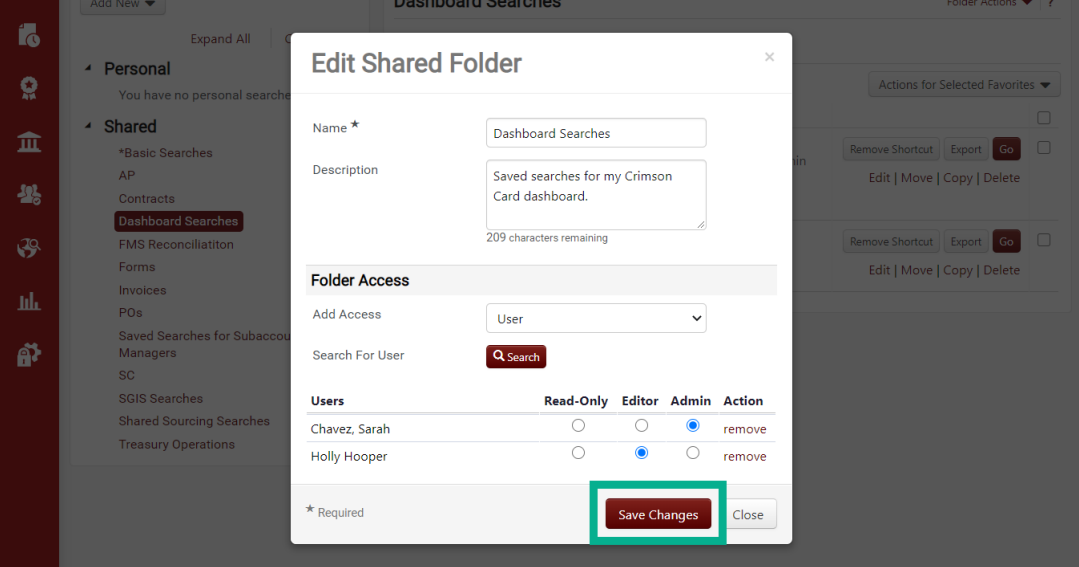 edit a shared folder window