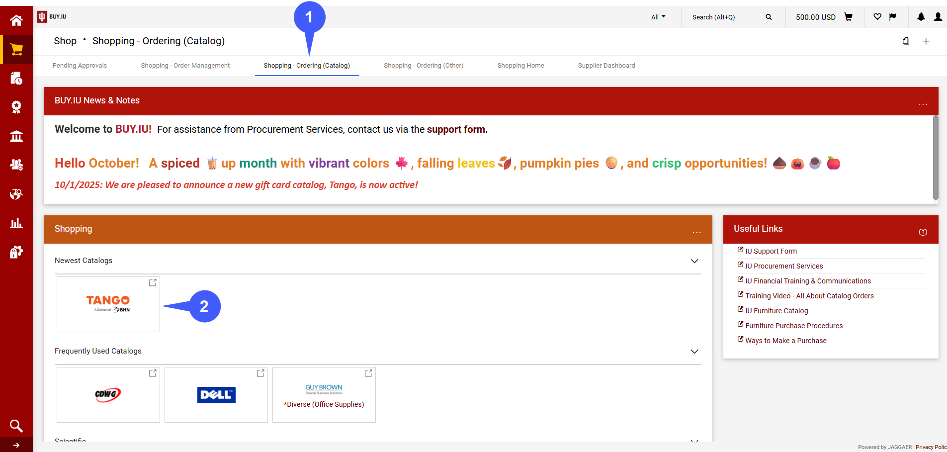 A screenshot of the BUY.IU Shopping page. The Shopping – Ordering (Catalog) tab is labeled Step 1. The Tango sticker is labeled Step 2.