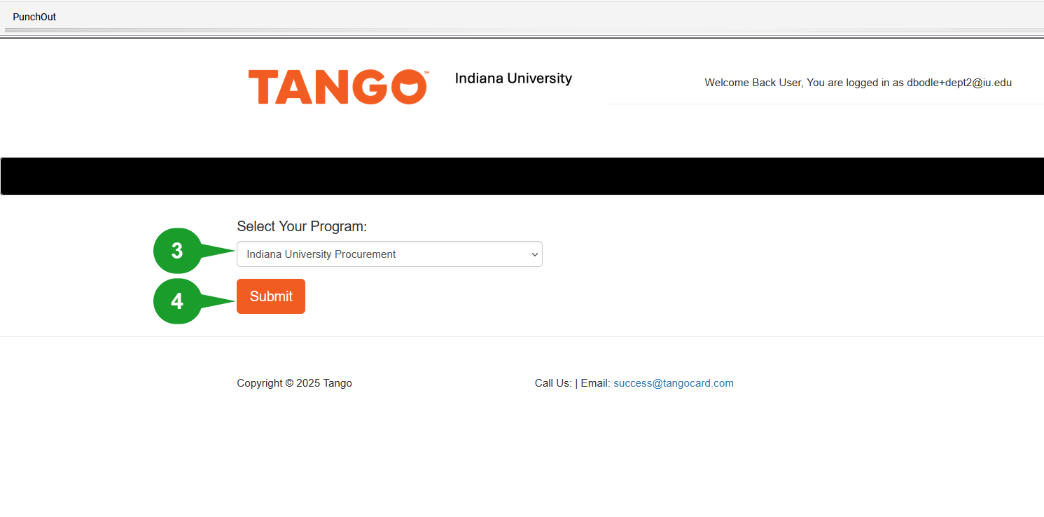 A screenshot of the Tango catalog landing page. The Select Your Program field is labeled step 3. The Submit button is labeled step 4.