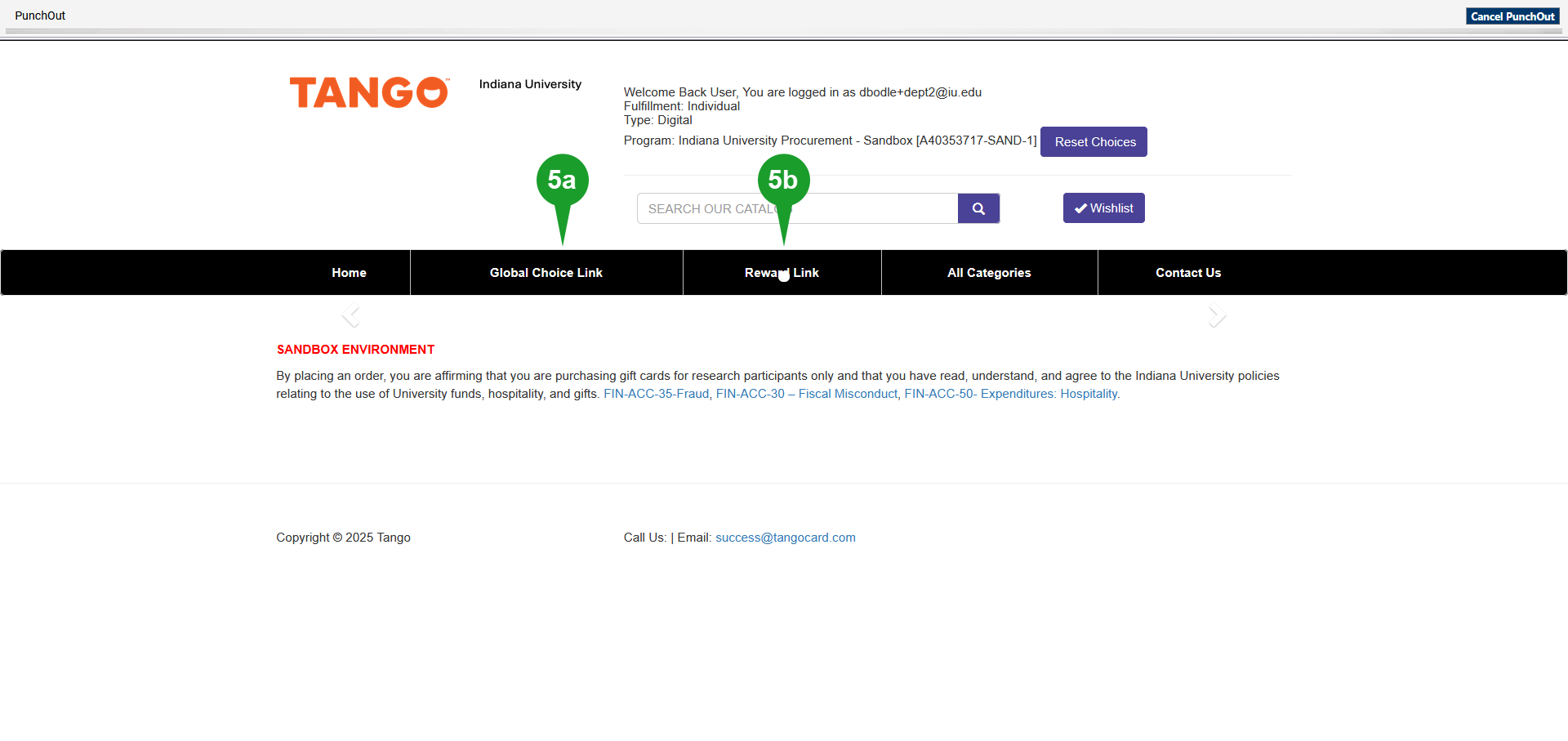 A screenshot of the Tango catalog home page. The Global Choice Link button is labeled step 5 a. The Reward Link button is labeled step 5 b.