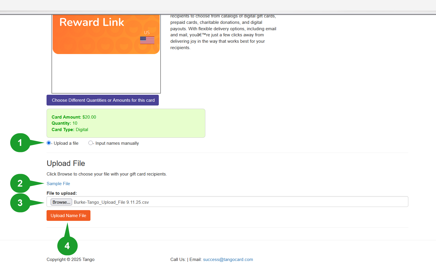 A screenshot of the Tango catalog Reward Link product page. The option Upload a file is labeled 1. The Sample File link is labeled 2. The File to upload field is labeled step 3. The Upload Name File field is labeled step 4.